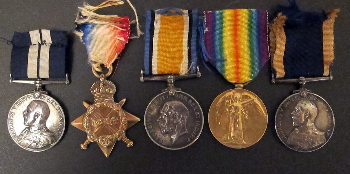 Medals of Chief Stoker Johnson of HMS Lennox including the Distinguished Service Medal awarded for his conduct in the Texel action on 17th October 1914 (left)