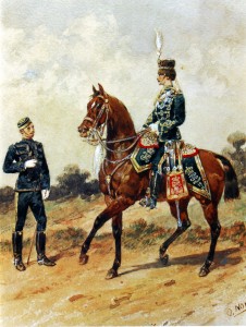 19th Prince of Wales’ Hussars in 1885 by Orlando Norie: the 19th Hussars was one of the British cavalry regiments at the Battle of Ladysmith or Lombard’s Nek on 30th October 1889.