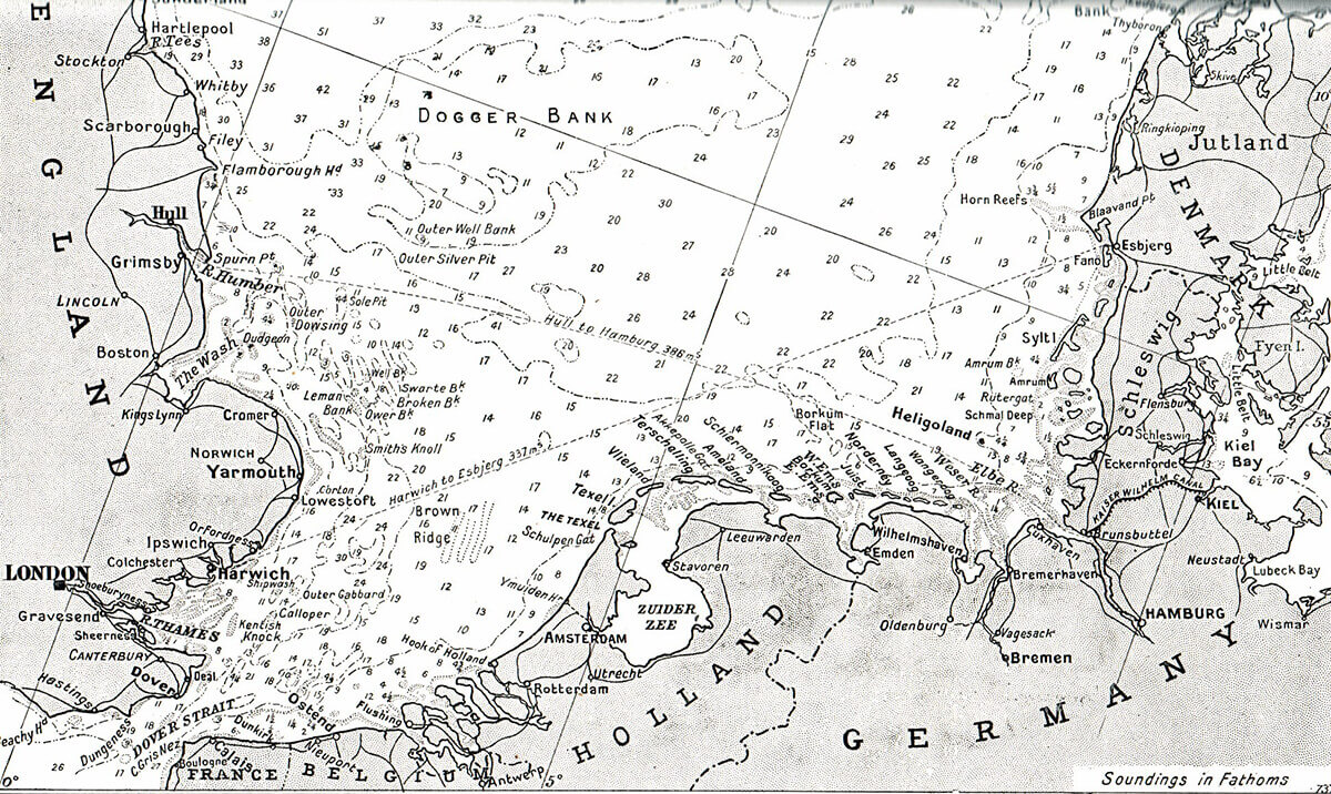Map of the North Sea Coast of Holland and Germany showing the Dutch island of Texel where the action took place on 17th October 1914