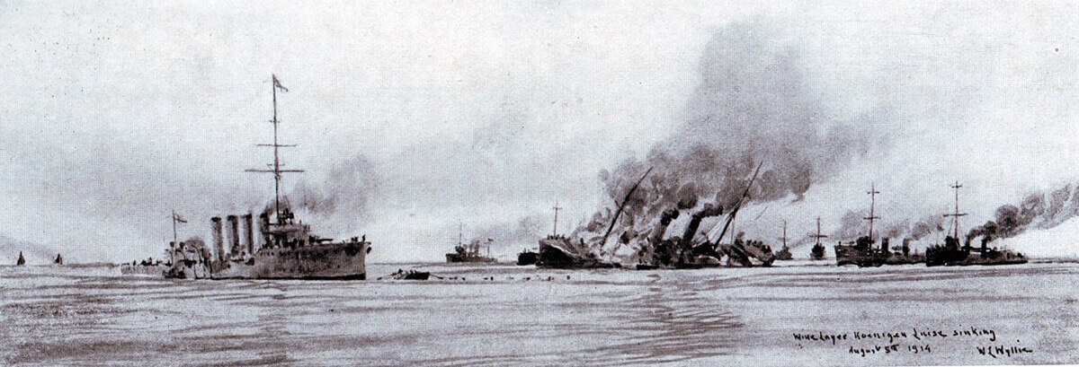 Sinking of the German minelayer Königin Luise on 5th August 1914. Shown are HMS Amphion and HMS Lance. Picture by Lionel Wyllie.
