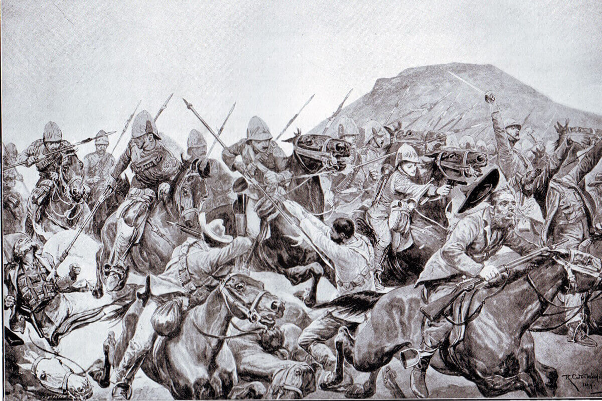 The charge of the 5th Lancers at Elandslaagte on 21st October 1899 by Richard Caton Woodville, showing Trumpeter Shurlock firing his revolver. To buy this picture click here