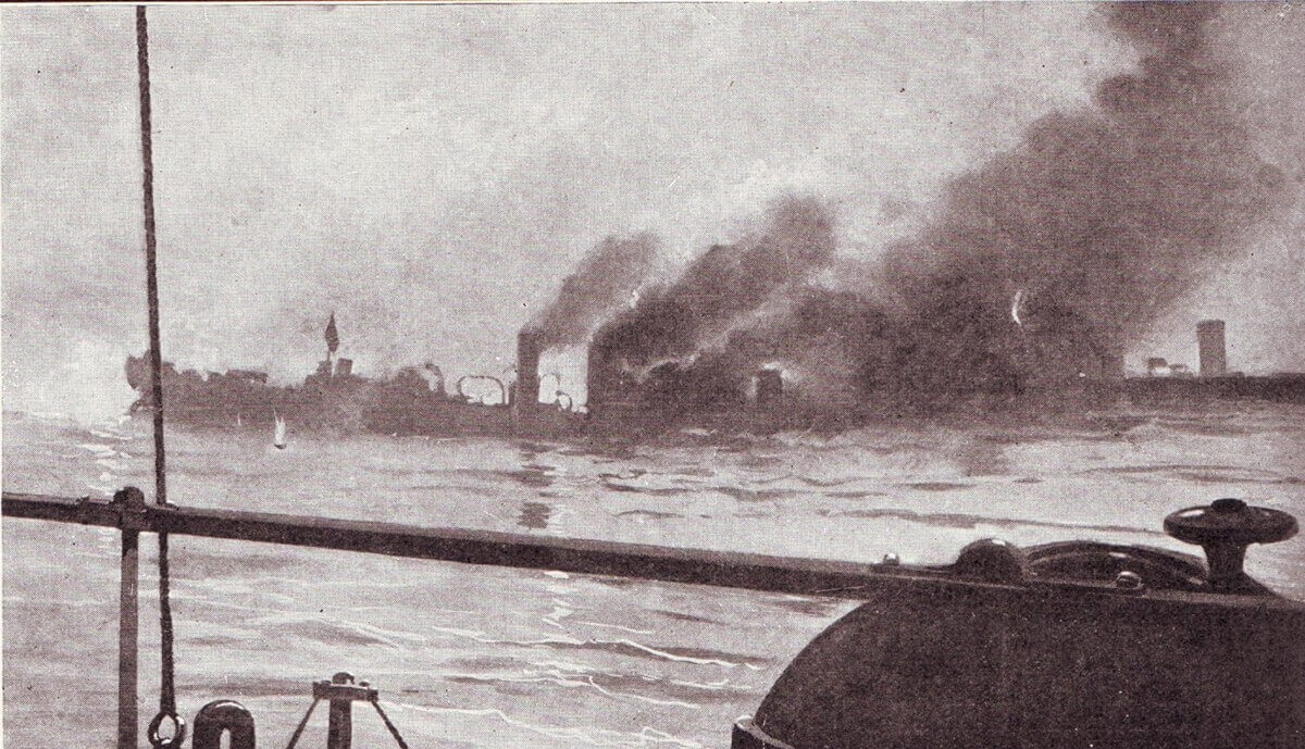 Photograph showing either the sinking of HMS Amphion on 6th August 1914 or the German torpedo boats at Texel on 17th October 1914