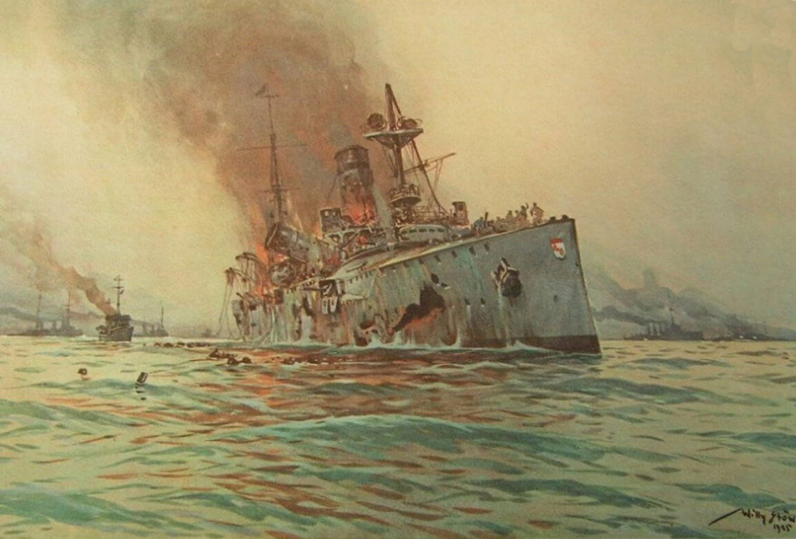 German Light Cruiser SMS Mainz sinking at the Battle of Heligoland on 28th August 1914: picture by Willie Stoewer