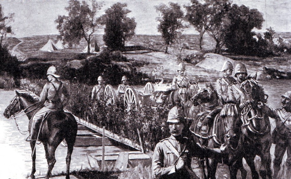 British howitzer battery crossing the pontoon bridge over the Modder River before the Battle of Magersfontein