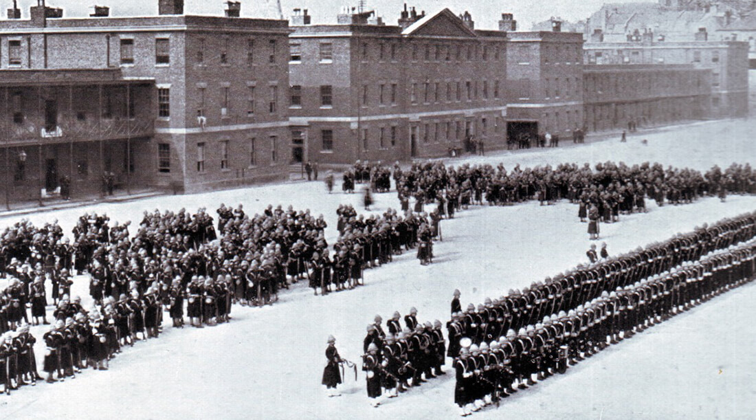 1st Highland Light Infantry on parade in Britain before leaving for South Africa in 1899. The Battalion fought in the Highland Brigade at the Battle of Magersfontein on 11th December 1899, suffering significant casualties