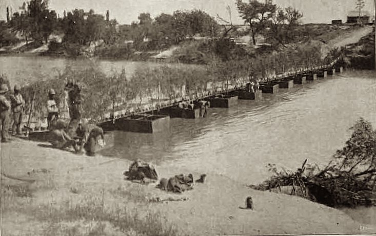The pontoon bridge built over the Modder River by the Royal Engineers to replace the railway bridge demolished by the Boers