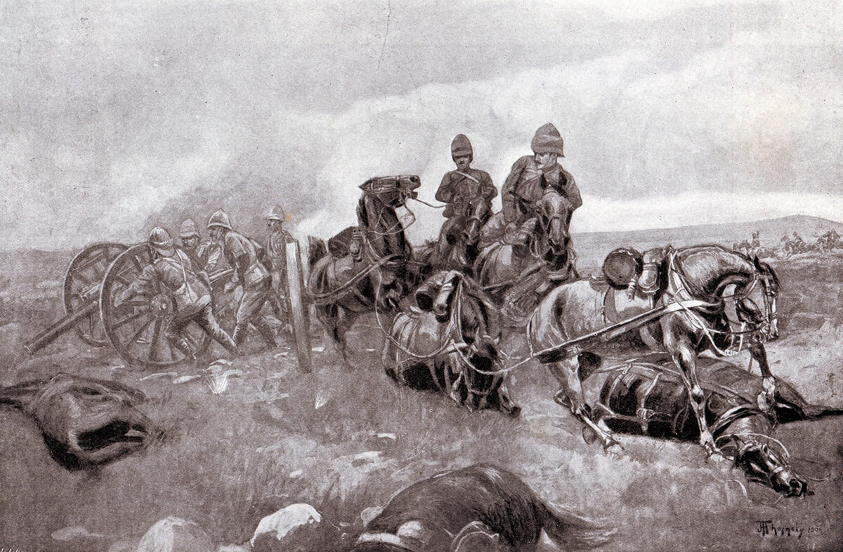 The 62nd Battery Royal Field Artillery arriving on the battlefield after a thirty mile march and unlimbering 900 yards from the Boer firing line at the Battle of Modder River on 28th November 1899