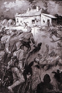 The 9th Brigade storming a farmhouse held by the Boers on the left flank during the Battle of Modder River on 28th November 1899