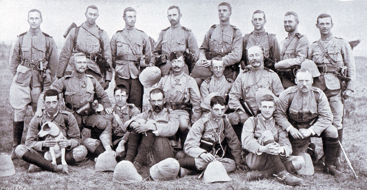 Officers of the Naval Brigade at the Battle of Graspan. Some of the officers are numbered: 1 Commander Ethelston 2 Major Plumbe 3 Lieutenant Jones 4 Captain Senior 5 Midshipman Huddart. Major Plumbe’s Jack Russell Dickie is shown.