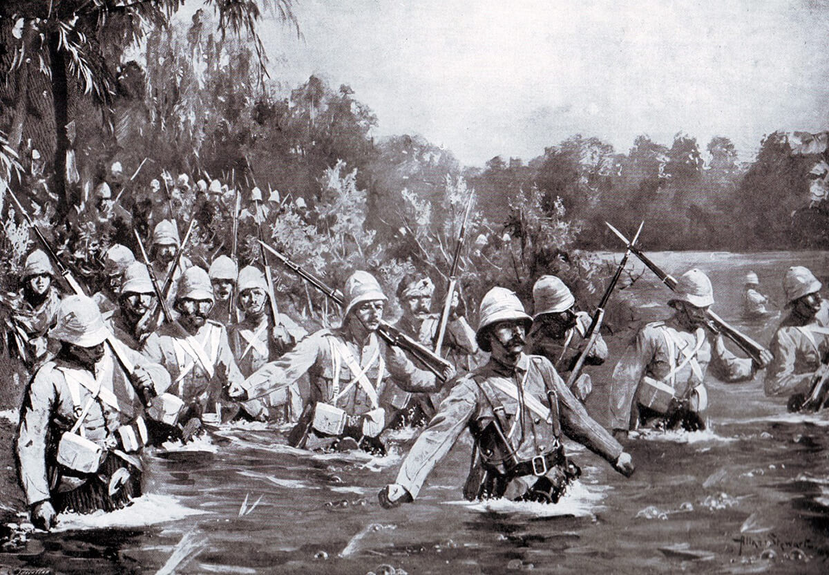 1st Argyll and Sutherland Highlanders, the old 91st, crossing the Modder River at Rosmead during the battle on 28th November 1899