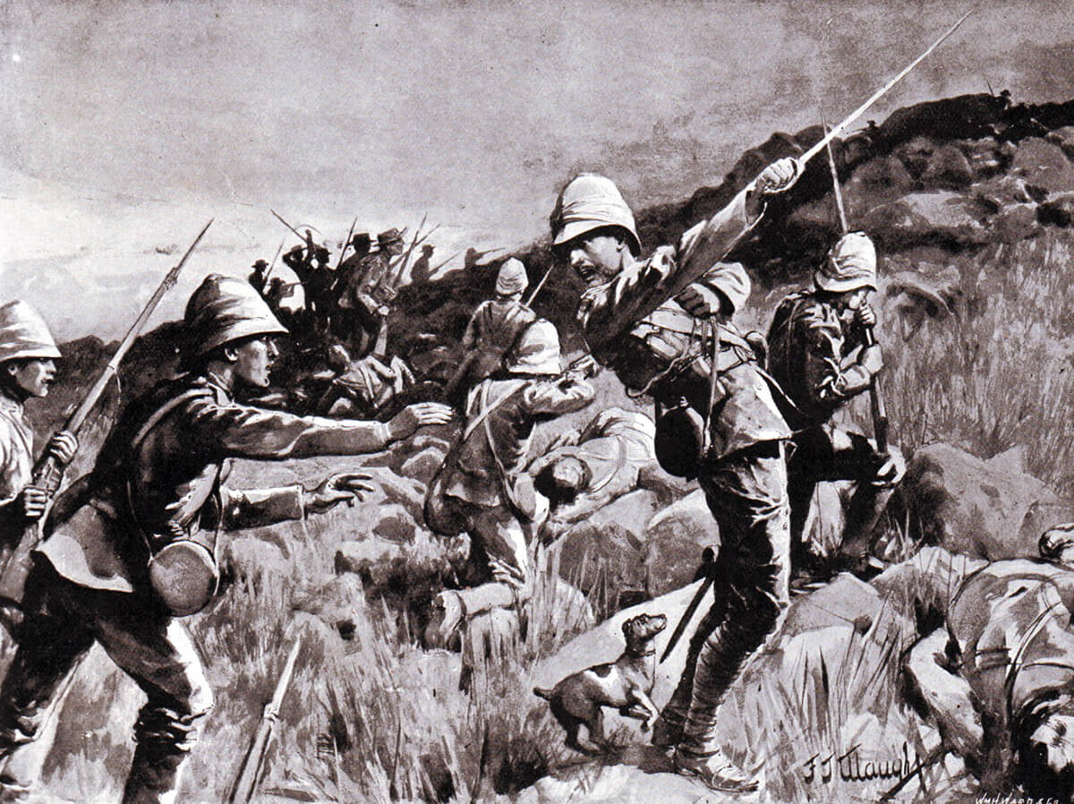 The death of Major Plumbe of the Royal Marines Light Infantry at the Battle of Graspan on 25th November 1899. His fox terrier is behind him.
