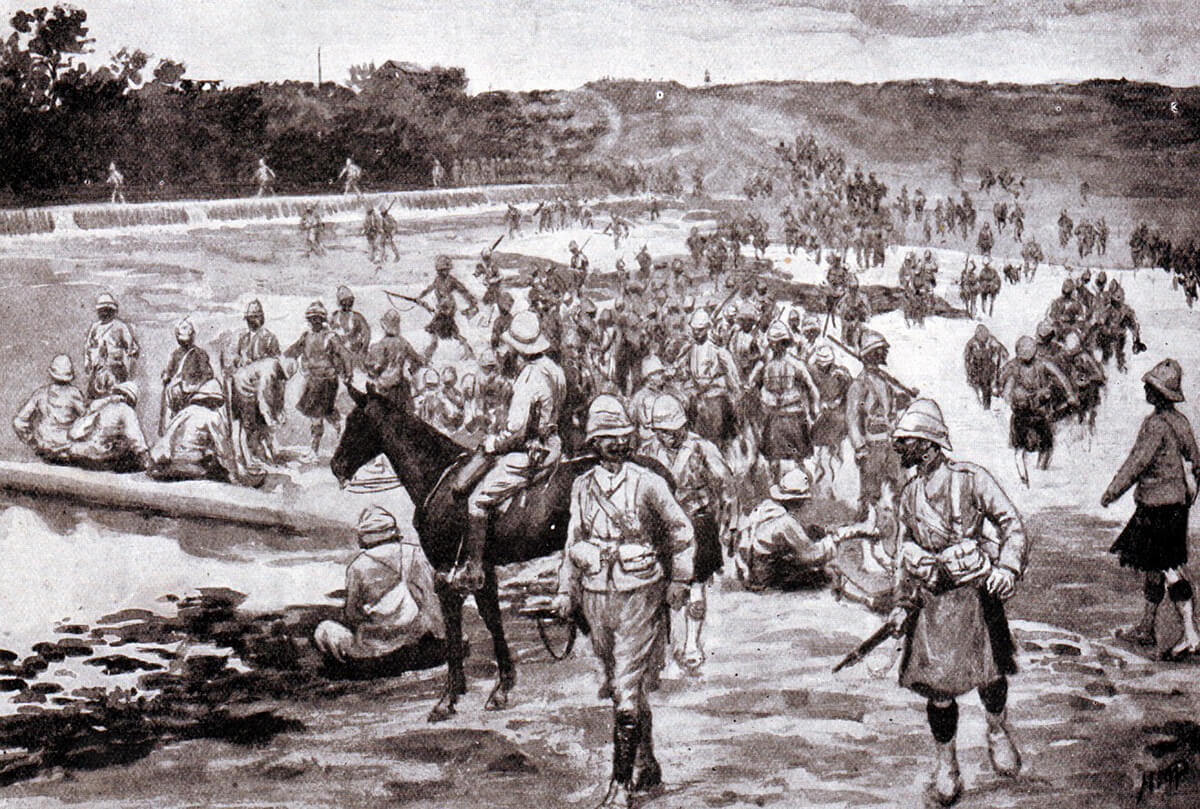 British troops of the 9th Brigade crossing the river by the Dam at the Battle of Modder River on 28th November 1899