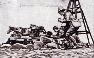 British troops drinking from a water wheel at Enslin Station after the Battle of Graspan on 25th November 1899