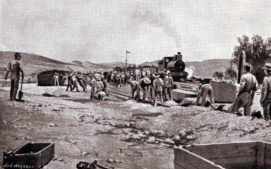 Royal Engineers re-instating the railway line north of Enslin Station after the Battle of Graspan on 25th November 1899