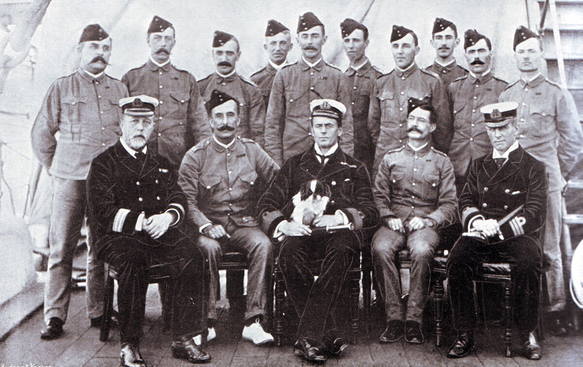 Officers of 2nd King Own Yorkshire Light Infantry on HMS Powerful en route from Mauritius to South Africa in 1889. Captain C.A.L. Yate is fourth from the left in the back row standing