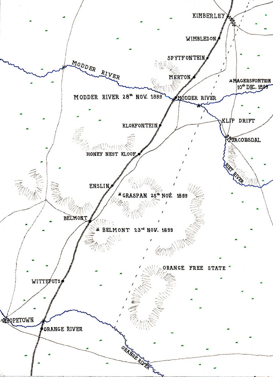 Map showing the area of Lord Methuen’s operations from the Orange River to the Battle of Magersfontein on 10th December 1899: map by John Fawkes
