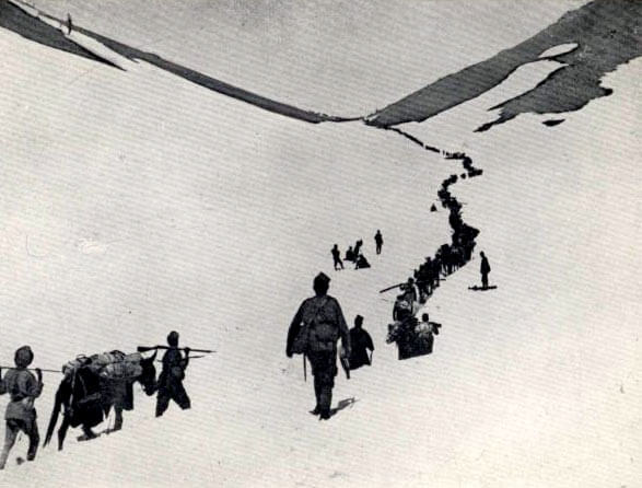 Gurkhas crossing the Lowrai Pass during General Gatacre’s dash to relieve the garrison of Chitral Fort on the North-West Frontier of India in 1895