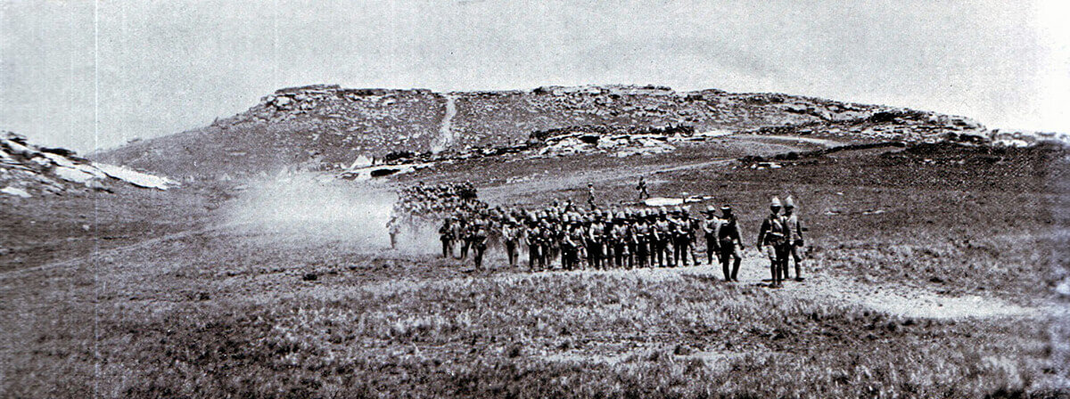 Two companies of 2nd Royal Irish Rifles marching from Bushman’s Hoek to join the train before the Battle of Stormberg on 9th December 1899