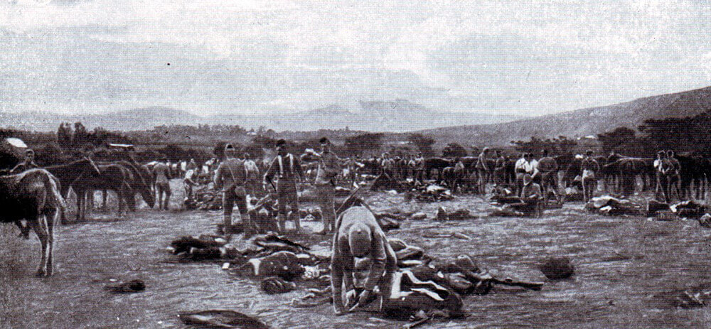 Thorneycroft’s Mounted Infantry in camp in Natal: the regiment attacked Hlangwane Mountain as part of Dundonald’s Mounted Brigade at the Battle of Colenso on 15th December 1899 during the Boer War