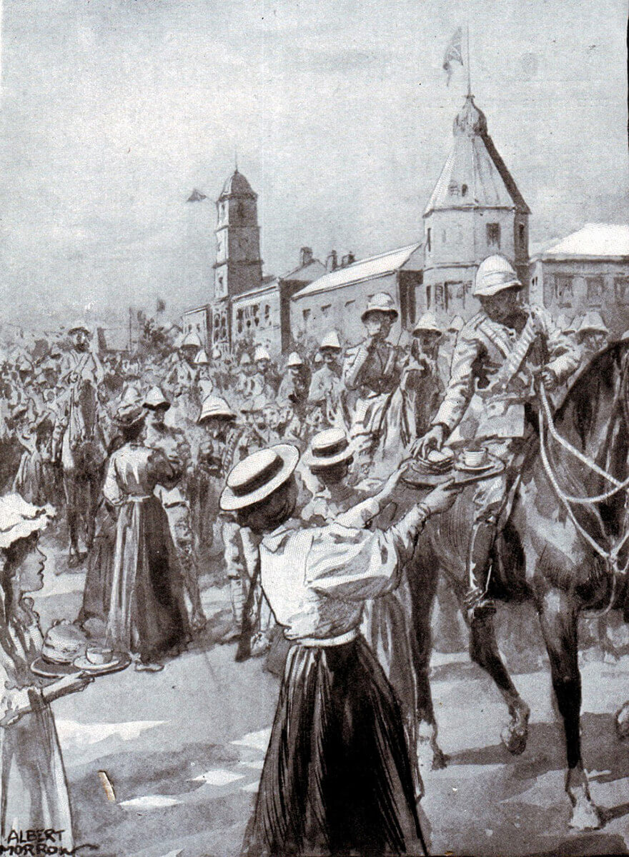 Populace of Molteno provide water and food to the returning British troops after the Battle of Stormberg on 9th December 1899
