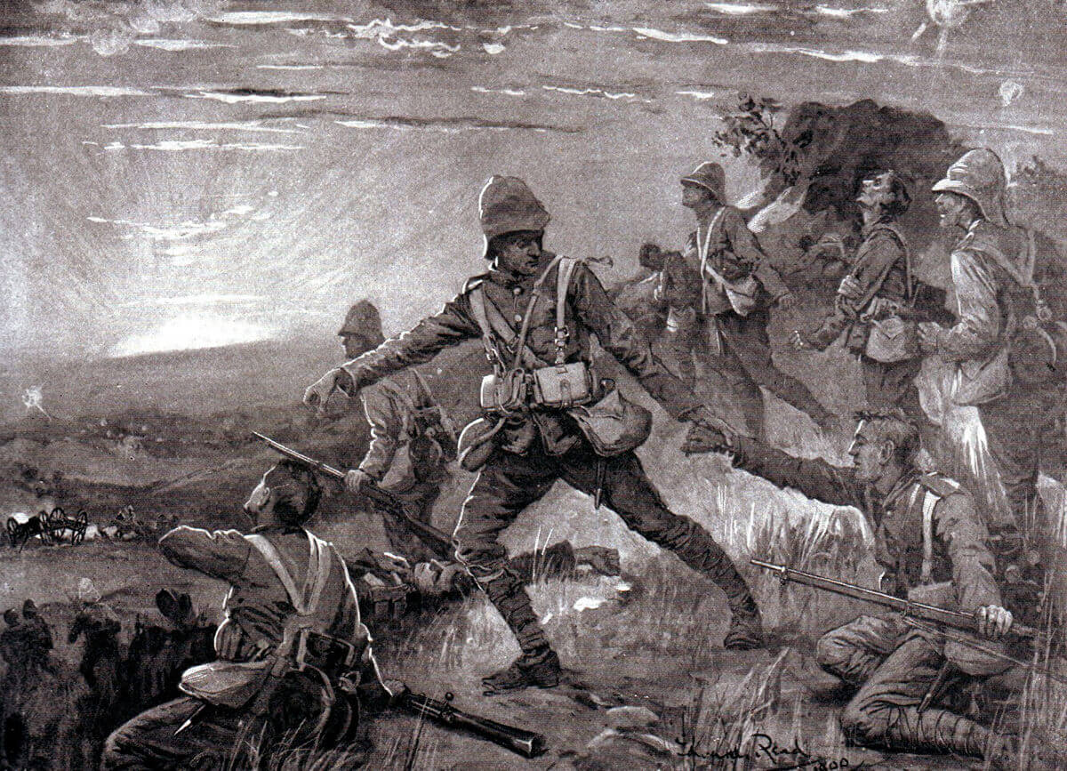 British troops recovering collapsed comrades on the road to Molteno after the Battle of Stormberg on 9th December 1899