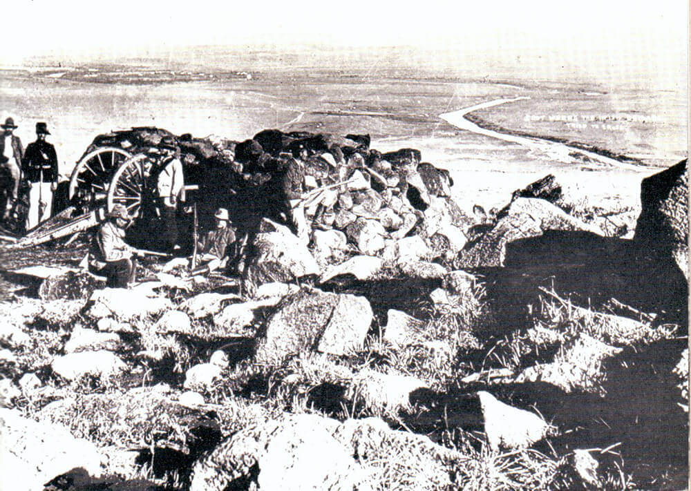 View of the point where Hart’s Irish Brigade attempted to cross the Tugela River from the Boer positions north of the river at the Battle of Colenso on 15th December 1899 during the Boer War