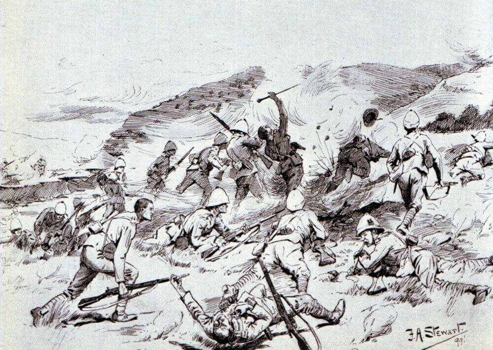 1st Royal Dublin Fusiliers and 1st Inniskilling Fusiliers attempting to cross the Tugela River at the Battle of Colenso on 15th December 1899 during the Boer War. To buy this picture click here