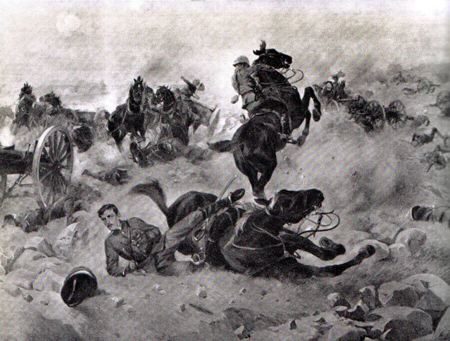 Roberts and Congreve hit by Boer fire while trying to rescue the Guns at the Battle of Colenso on 15th December 1899 during the Boer War: picture by Henri-Louis Dupray. To buy this picture click here