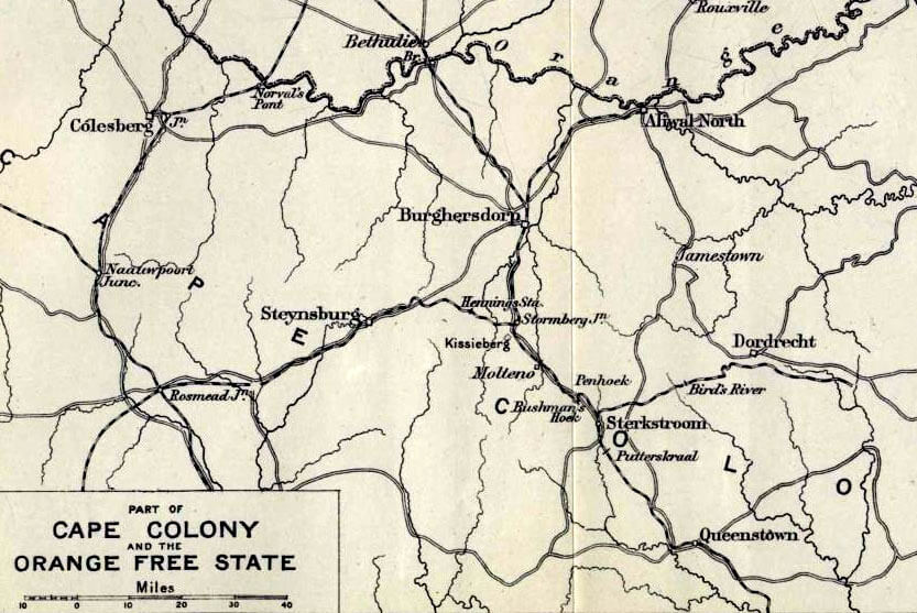 Map of the Eastern Cape and the area of operations leading to the Battle of Stormberg on 9th December 1899