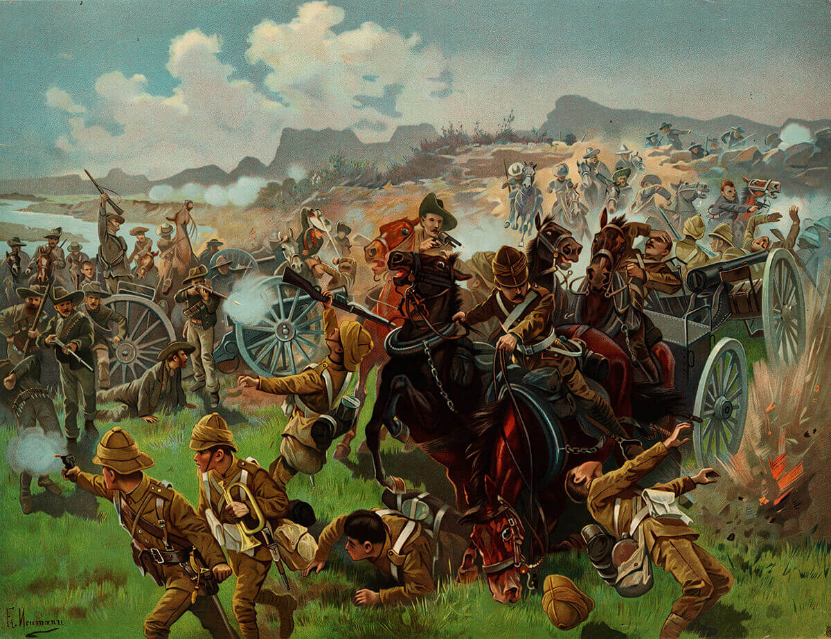 Boers capturing the British guns at the Battle of Colenso: in fact the guns were taken after the British had abandonned them: picture Fritz Neumann