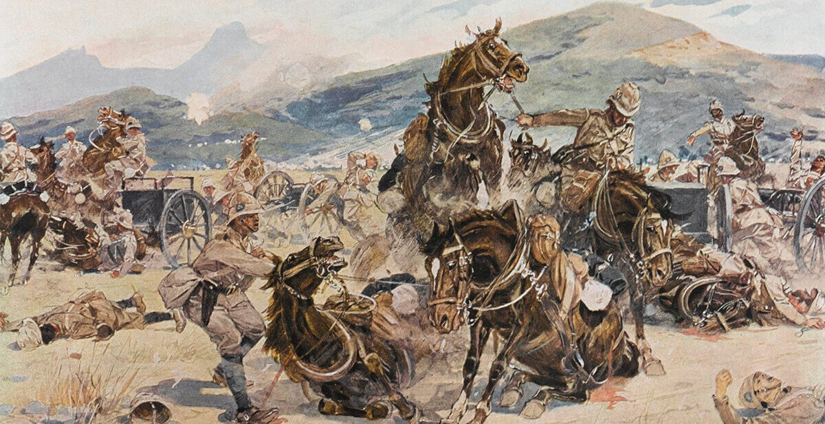 The guns of 14th and 66th Batteries Royal Field Artillery come under fire at the Battle of Colenso on 15th December 1899: picture by Gerlach