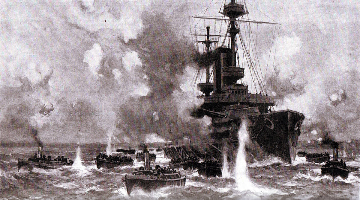 HMS Implacable on 25th April 1915 disembarking troops for X and W Beaches during the Cape Helles landings on Gallipoli