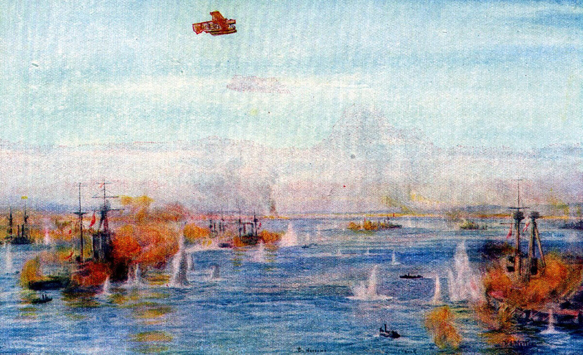 British battleships and battlecruisers bombarding the Dardanelles Narrows in March 1915: picture by Lionel Wyllie