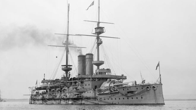 The British pre-Dreadnought battleship HMS Goliath. Goliath supported the landing on Y Beach Gallipoli on 25th April 1915