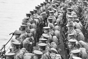 Australian troops on the decks of HMS Prince of Wales before the landing on Gallipoli 25th April 1915