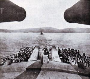 The 15 inch guns of HMS Queen Elizabeth with the coast of the Dardanelles in the distance. Queen Elizabeth was the most powerful battleship in the British Fleet bombarding the Gallipoli Peninsular during the 1915 campaign