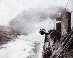 A British Destroyer in the Eastern Mediterranean in1915. A substantial flotilla of destroyers supported the capital ships and minesweepers during the attack on the Dardanelles in March 1915 and the army operations during the rest of the year