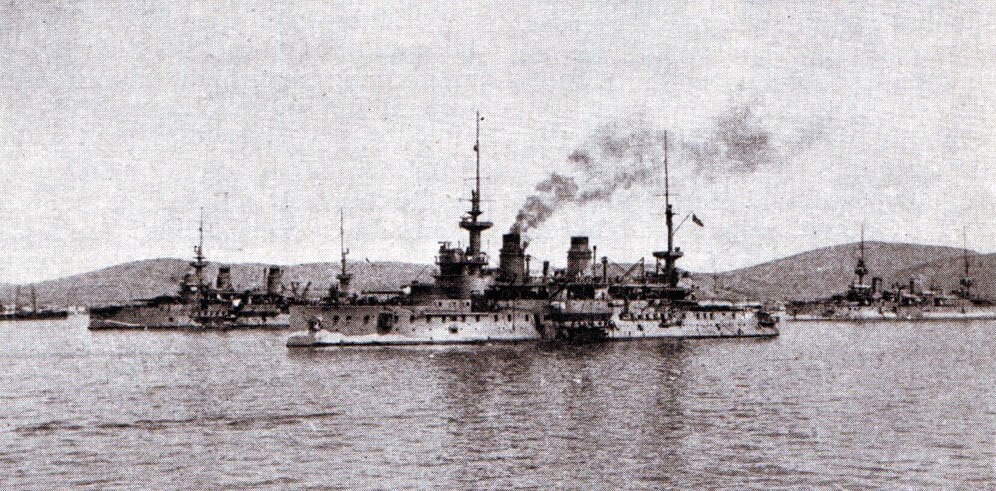 French battleships in Mudros Harbour, Lemnos in 1915: St Louis, Charlemagne and Suffren. These ships took part in the bombardment of the Turkish defences in the Dardanelles. Suffren suffered significant damage from Turkish gunfire on 18th March 1915