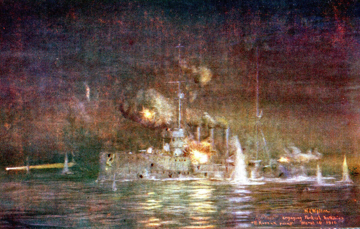British light cruiser HMS Amethyst engaging Turkish batteries at Kephez Point on the night of 14th March 1915 in support of the mine sweeping operation: picture by Lionel Wyllie