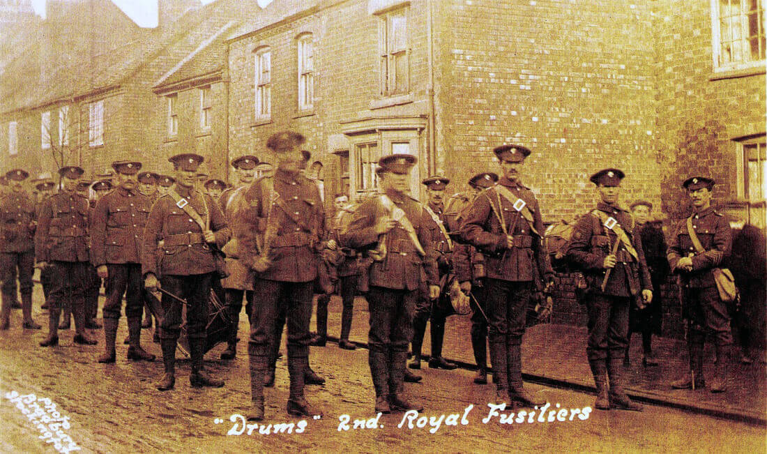 Drums of 2nd Royal Fusiliers in Stockingford Warwickshire in January 1915 before leaving for Gallipoli and landing on X Beach Cape Helles 25th April 1915