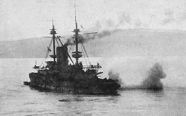 British battleship HMS Albion in the Dardanelles. Albion provided the support for the landings on V Beach Cape Helles Gallipoli on 25th April 1915