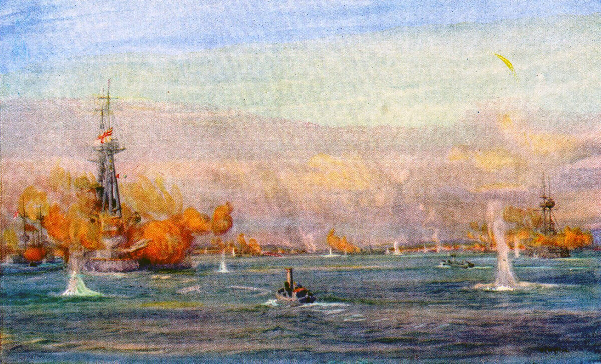 British battleships bombarding Turkish batteries at Chanak in the Dardanelles Narrows on 18th March 1915: picture by Lionel Wyllie