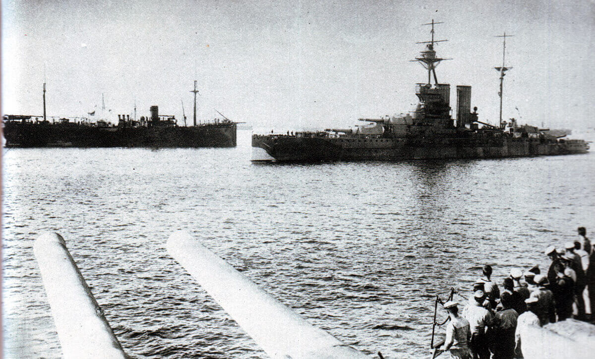 HMS Queen Elizabeth, the British flag ship, leaving Mudros on the Greek Island of Lemnos for the Gallipoli landings on 24th April 1915