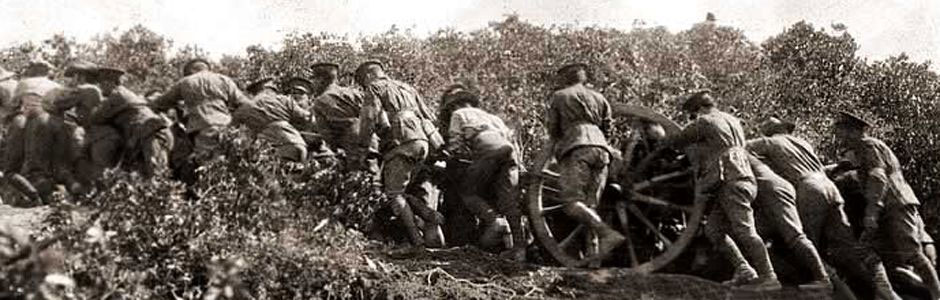 Australian troops hauling up the cliff the one 18 pounder field gun to be landed on 25th April 1915 at Anzac Cove on Gallipoli