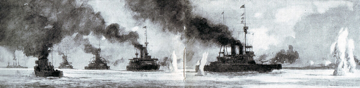 The British and French Fleets attacking the Turkish fortifications in the Dardanelles waterway in March 1915