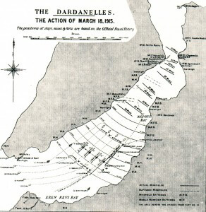 Plan of the attack by the British and French capital ships on the Dardanelles Narrows on 18th March 1915 leading to the loss of three ships and the damaging of two more