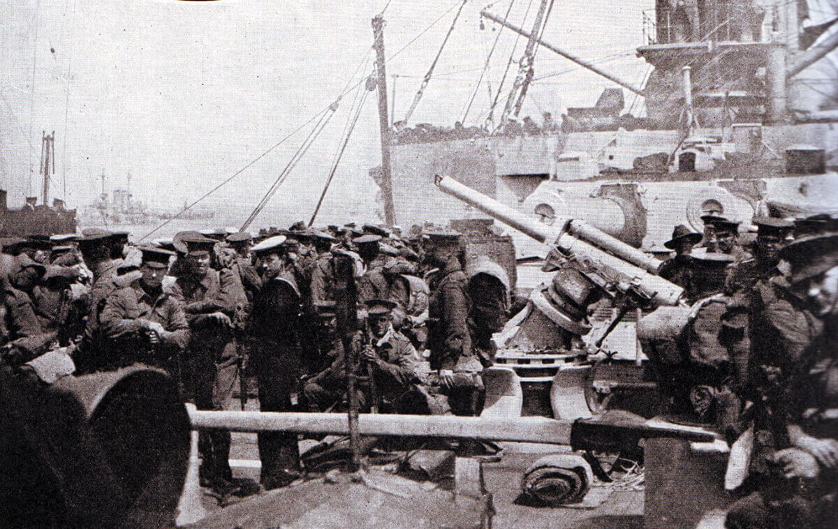 Australian troops on board a Royal Navy warship waiting to land at Anzac Cove on the Gallipoli Peninsular, 25th April 1915