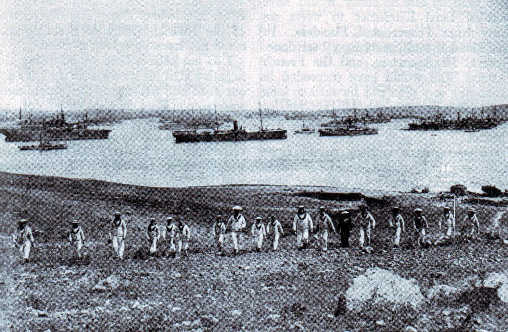 Mudros harbour on the Island of Lemnos, base for the British and French operations against the Turks on the Gallipoli Peninsular