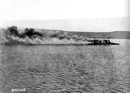 French battleship Bouvet sinking with considerable loss of life after striking a Turkish mine in the Dardanelles Narrows on 18th March 1915
