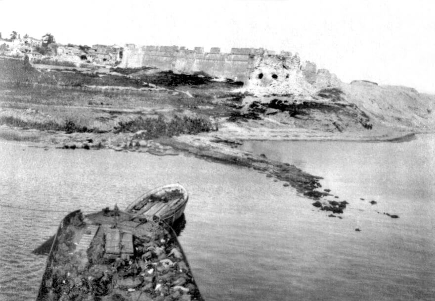Fort of Sedd el Bahr at the eastern end of V Beach Cape Helles Gallipoli seen from the bridge of the River Clyde with the bow machine gun position in the foreground
